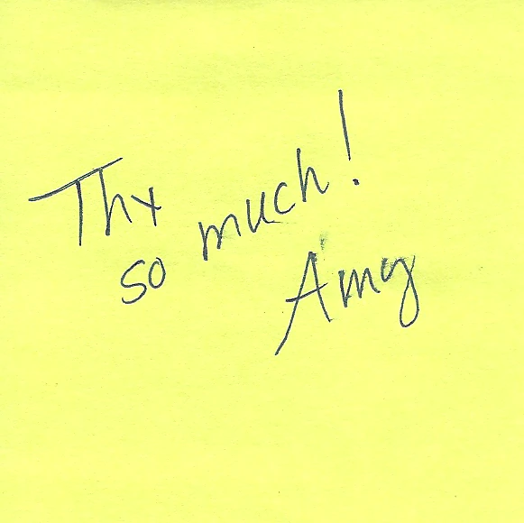 Handwritten customer thank-you note from Amy